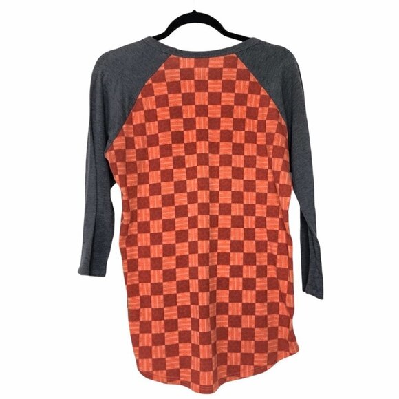 LULAROE Randy Baseball Tee Orange Red Checkerboard Pattern Gray Sleeves - Size S - Picture 2 of 6